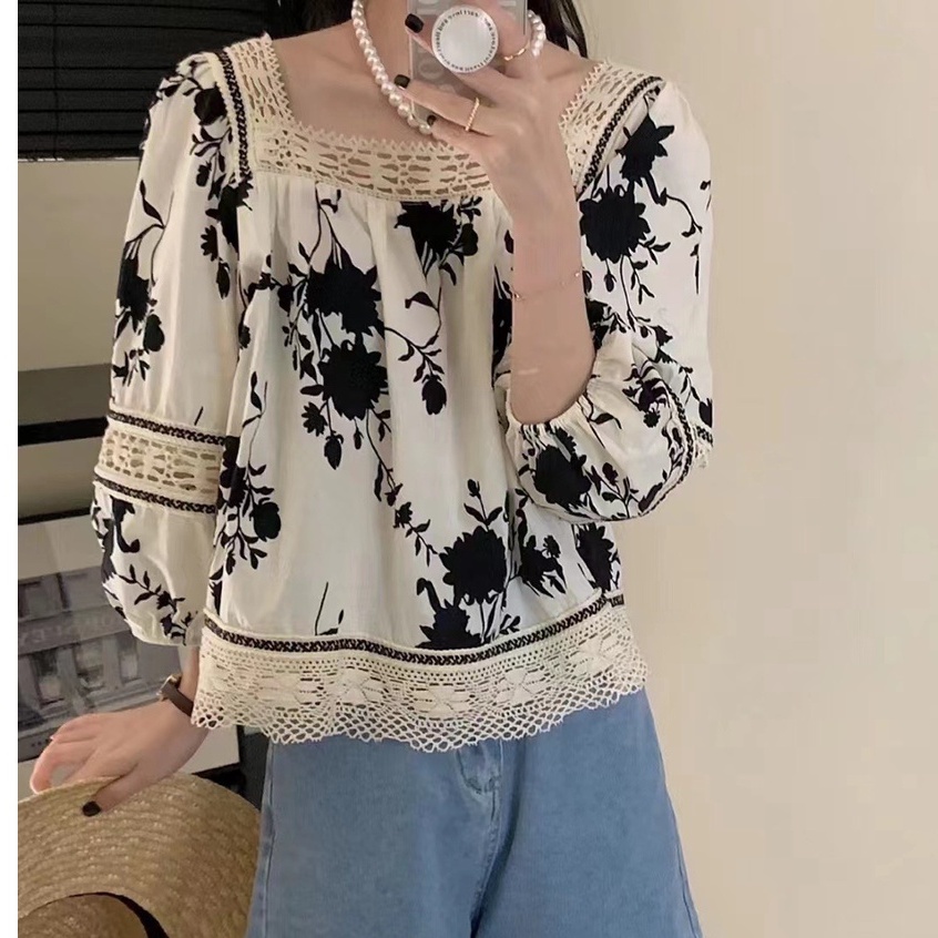Hàng Mới Có Sẵn Áo Kiểu Tay Phồng Cổ Vuông Phối Ren Hoa Phong Cách Hàn Quốc Baju Wanita Lengan Panjang Hàng Mới Dành Cho Bạn Nữ