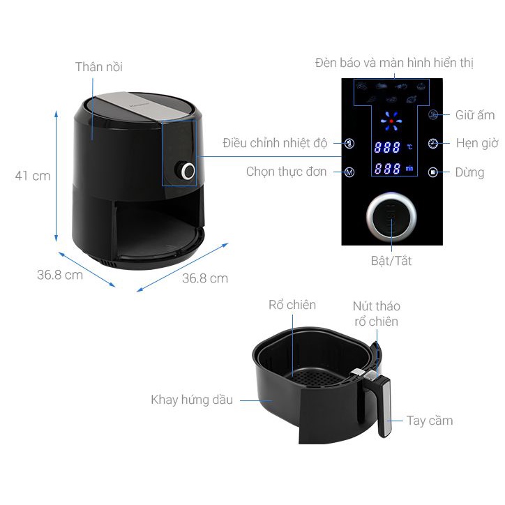 (Mới 100%) Nồi chiên không dầu Kangaroo KG55AF1A 4.7 lít -Chính Hãng-Chức năng:Chiên,nướng thực phẩm