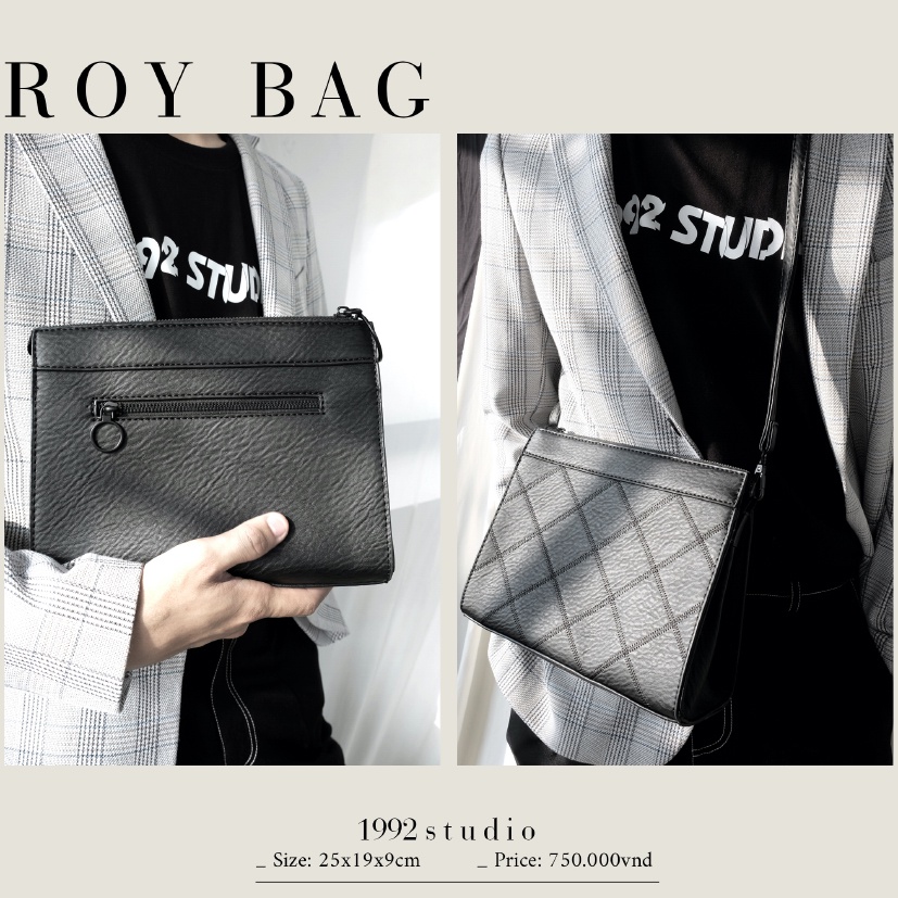 Túi xách unisex nam nữ/ 1992 s t u d i o/ ROY BAG/ túi cầm tay, đeo chéo, 2 dây thay đổi, da sần siêu sang trọng.