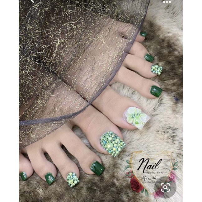 Nailbox/ Bộ 24 móng úp chân sẵn/ Móng chân giả màu xanh lá đắp hoa đính đá