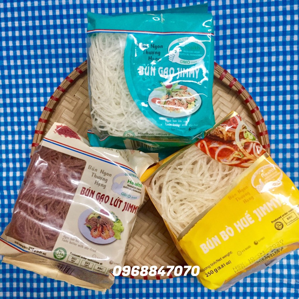 Bún gạo sạch - bún khô Jimmy – Xuất khẩu châu Âu, 3 gói 3 vị, mỗi gói 250gr date mới.