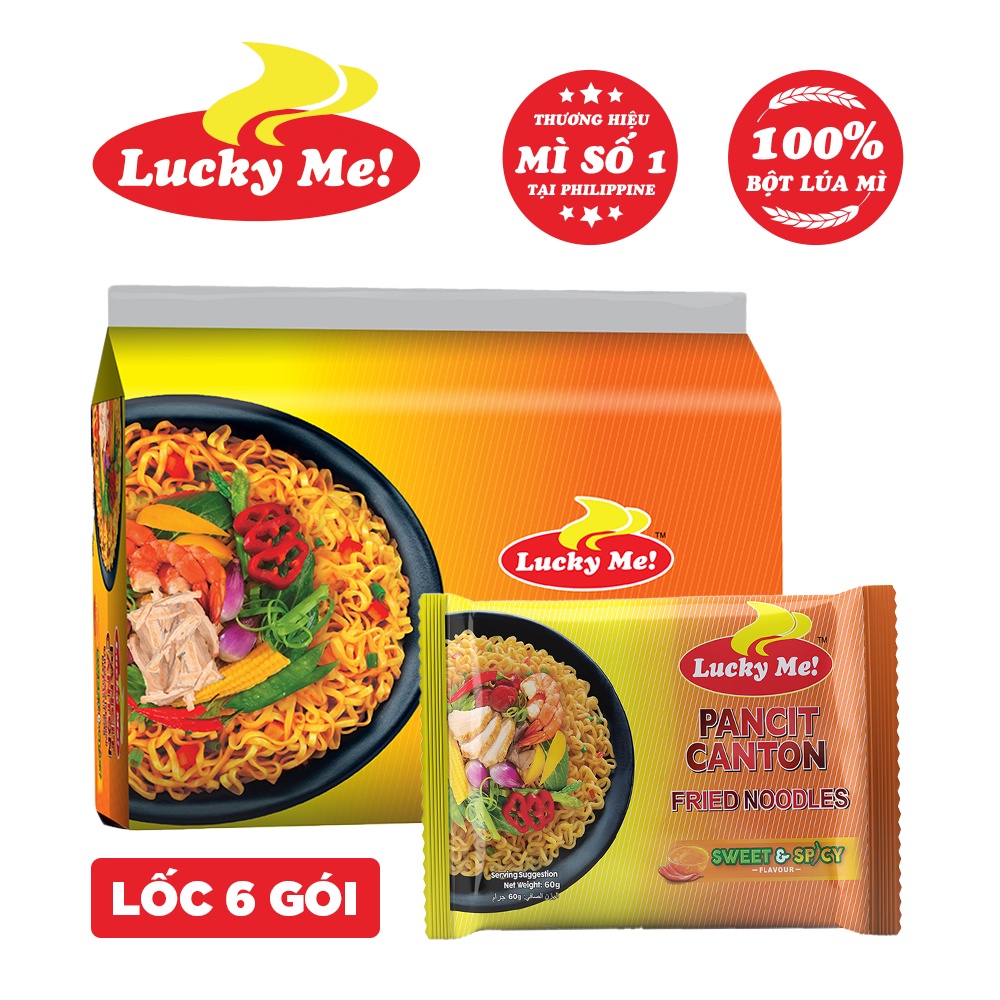 [Mã FMCGMALL -8% đơn 250K] Lốc 6 gói mì xào Pancit Canton hương vị cay ngọt Lucky Me 60g