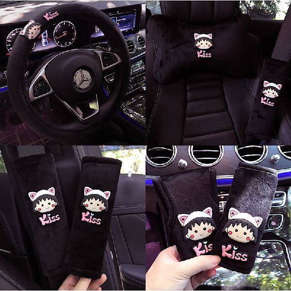 New Maruko Cartoon Cute Car Interior Headrest Handbrake Rear View Mirror Cover Gear Shift Knob Cover Safety Shoulder Shield Sets g6T7
