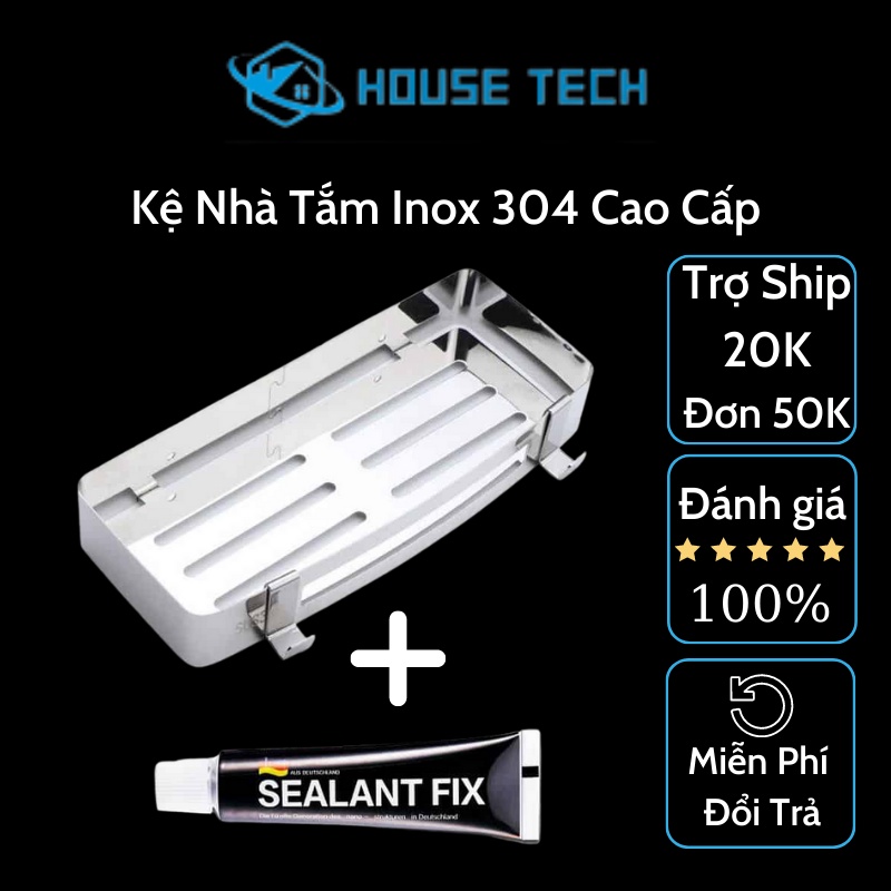 Kệ nhà tắm Inox 304 chữ nhật sáng bóng dán tường gạch men kèm keo dán