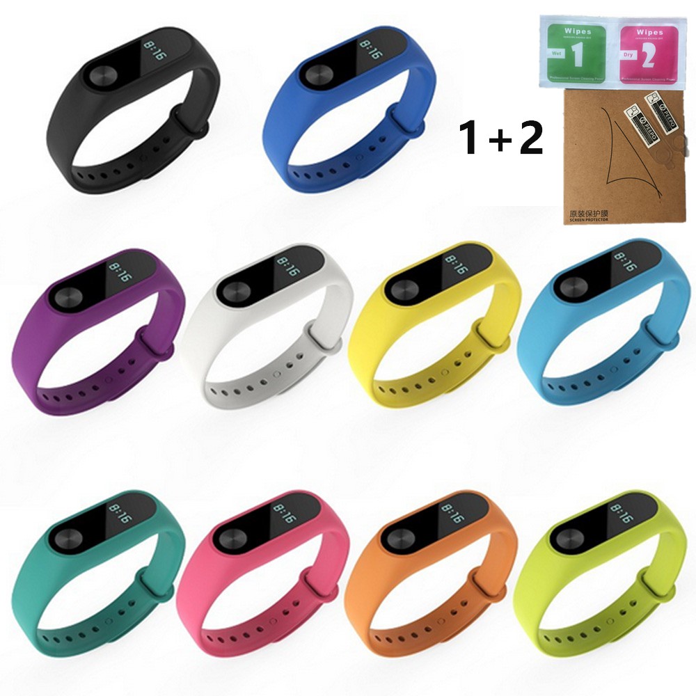 1 Dây Đeo Thay Thế Bằng Silicone + 2 Miếng Dán Bảo Vệ Màn Hình Cho Đồng Hồ Thông Minh Xiaomi Mi Band 2