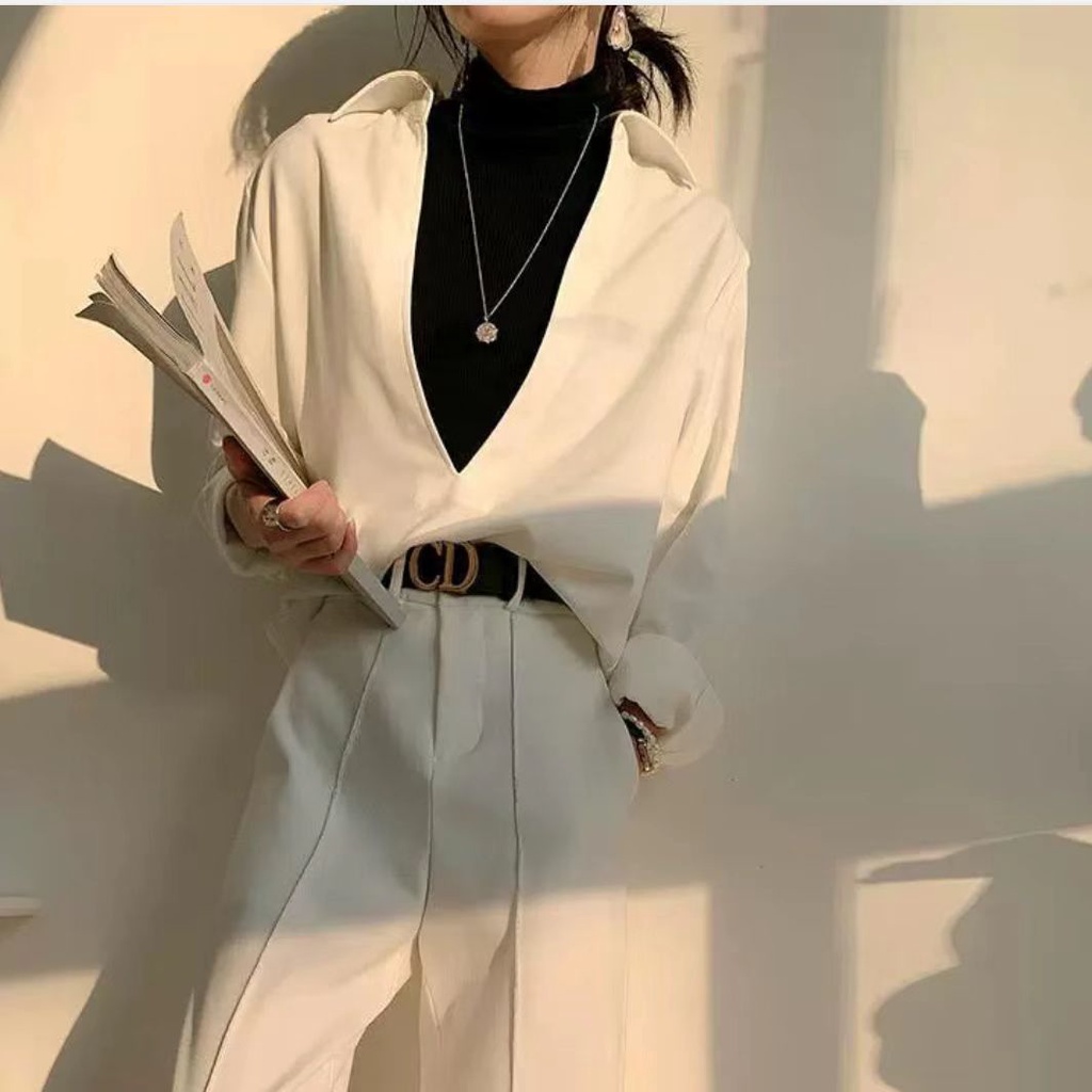 Áo Sơmi DàI Tay ThờI Trang Cho Nữ áo sơ mi kiểu mix cùng áo len cổ V khoét sau dáng
