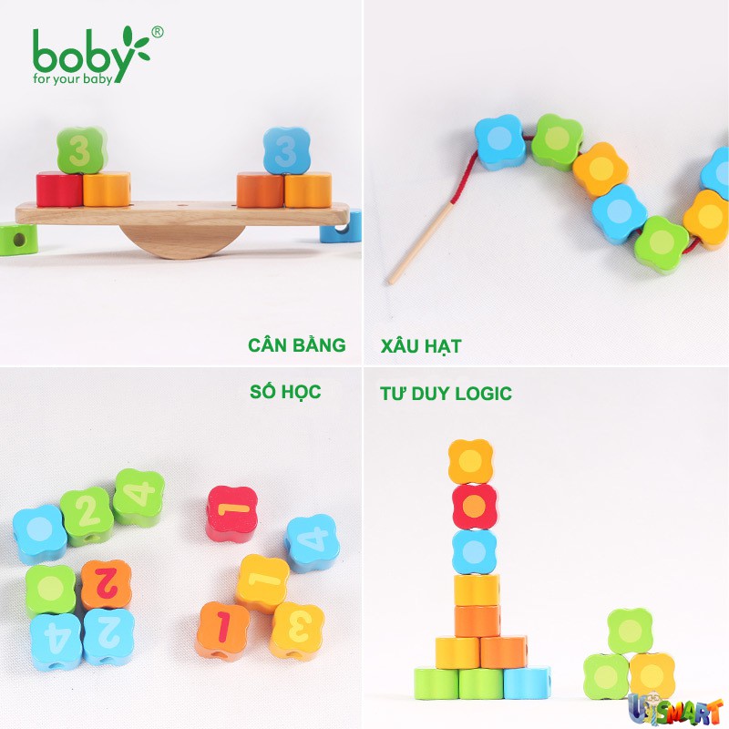 Đồ chơi gỗ Montessori cho bé Bộ xâu hạt cân bằng tập đếm Boby