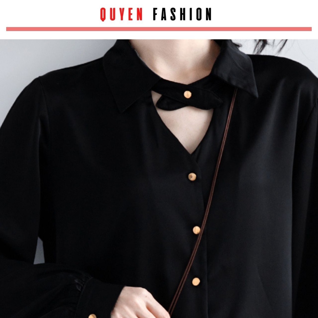 Áo sơ mi công sở kiểu dáng hàn quốc tay tiểu thư phồng Quyên Fashion AA557 màu đen cá tính