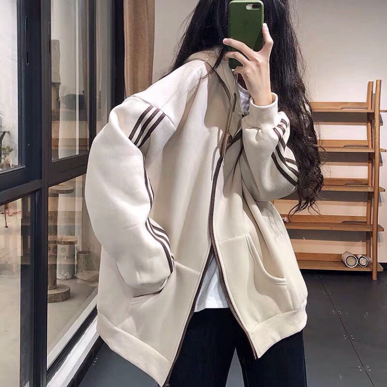 Áo khoác nam nữ thể thao ulzzang 3 sọc màu be? Áo sweater hoodie nỉ bông kiểu dáng thể thao form rộng unisex K33