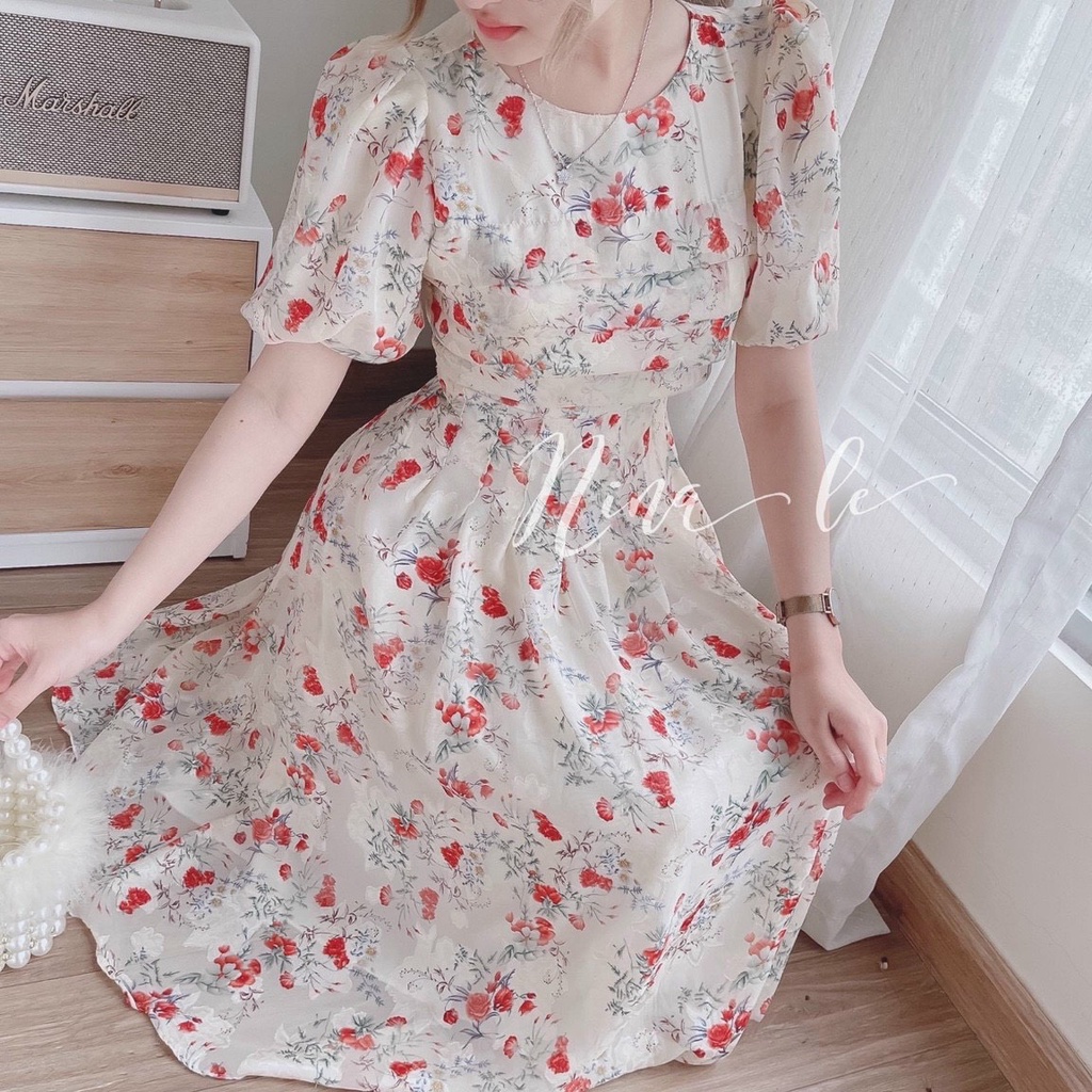Đầm váy nữ voan hoa maxi chất vải chingfon 2 lớp thiết kế cổ tròn tay phồng tiểu thư