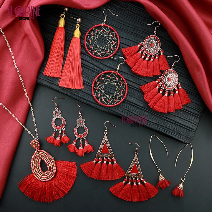 Bông tai nữ Florine hoa tai vintage boho tua rua dáng dài khuyên nụ phong cách Hàn Quốc đi biển, du lịch, sống ảo