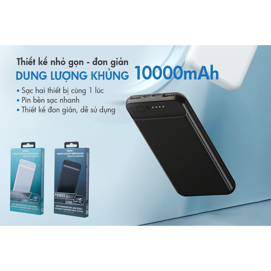 Sạc dự phòng Remax 10.000mAh RPP159/ Sạc dự phòng du lịch Remax RPP-159 có đèn báo dung lượng tích hợp 2 cổng sạc usb