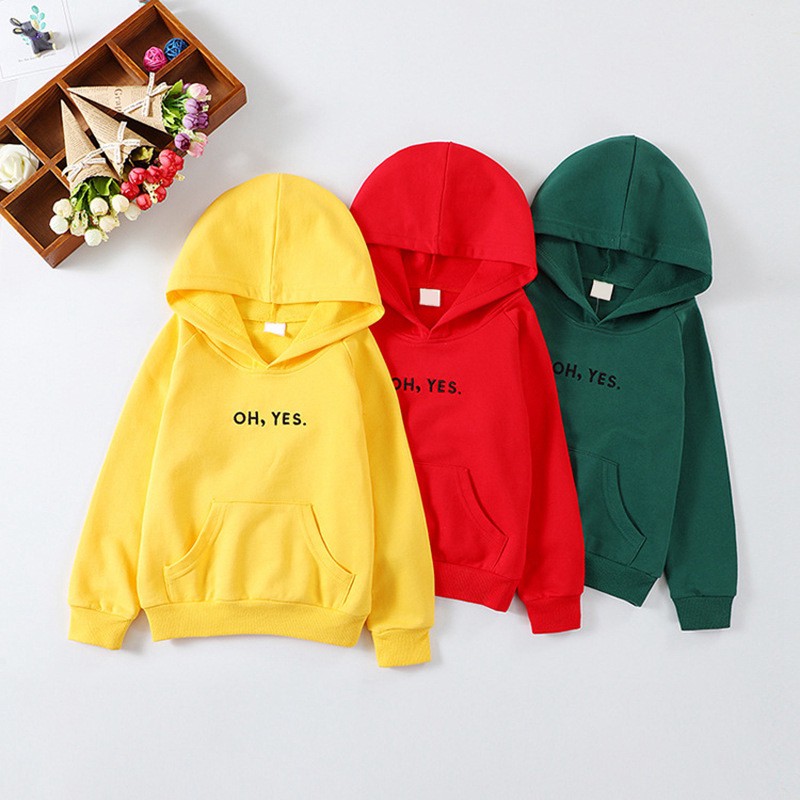 Áo hoodie dài tay in chữ &quot;Oh,yes.&quot; màu trơn cho bé từ 2-8 tuổi