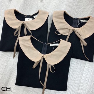 ÁO SƠ MI NỮ MÀU ĐEN CỔ SEN PHỐI TAY NÂU