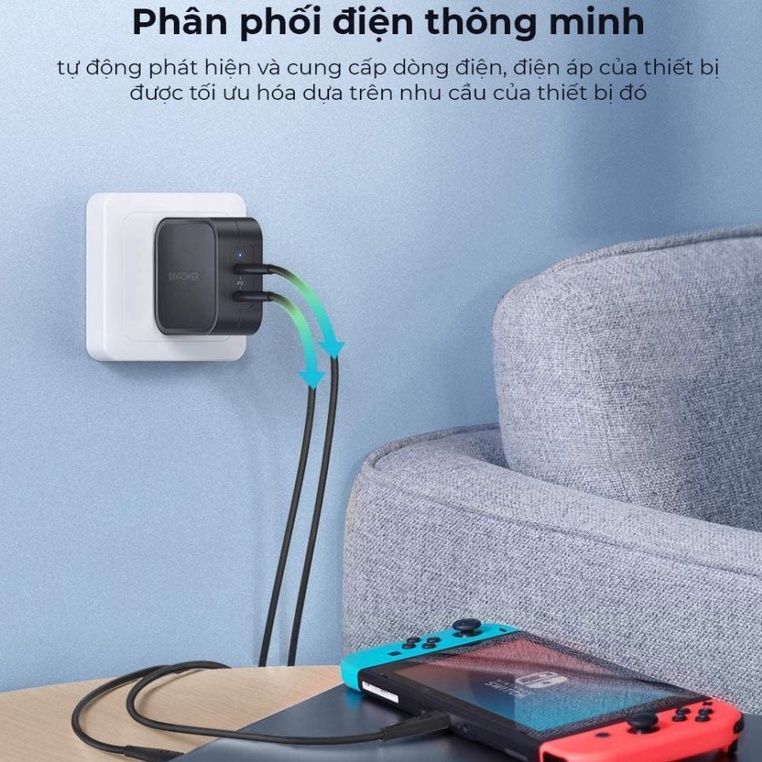 Củ Sạc Siêu Nhanh 90W RAVPower RP-PC128 - 2 Cổng Sạc Type C  - QC 3.0 - GaN - Kèm Cáp C to C 90W