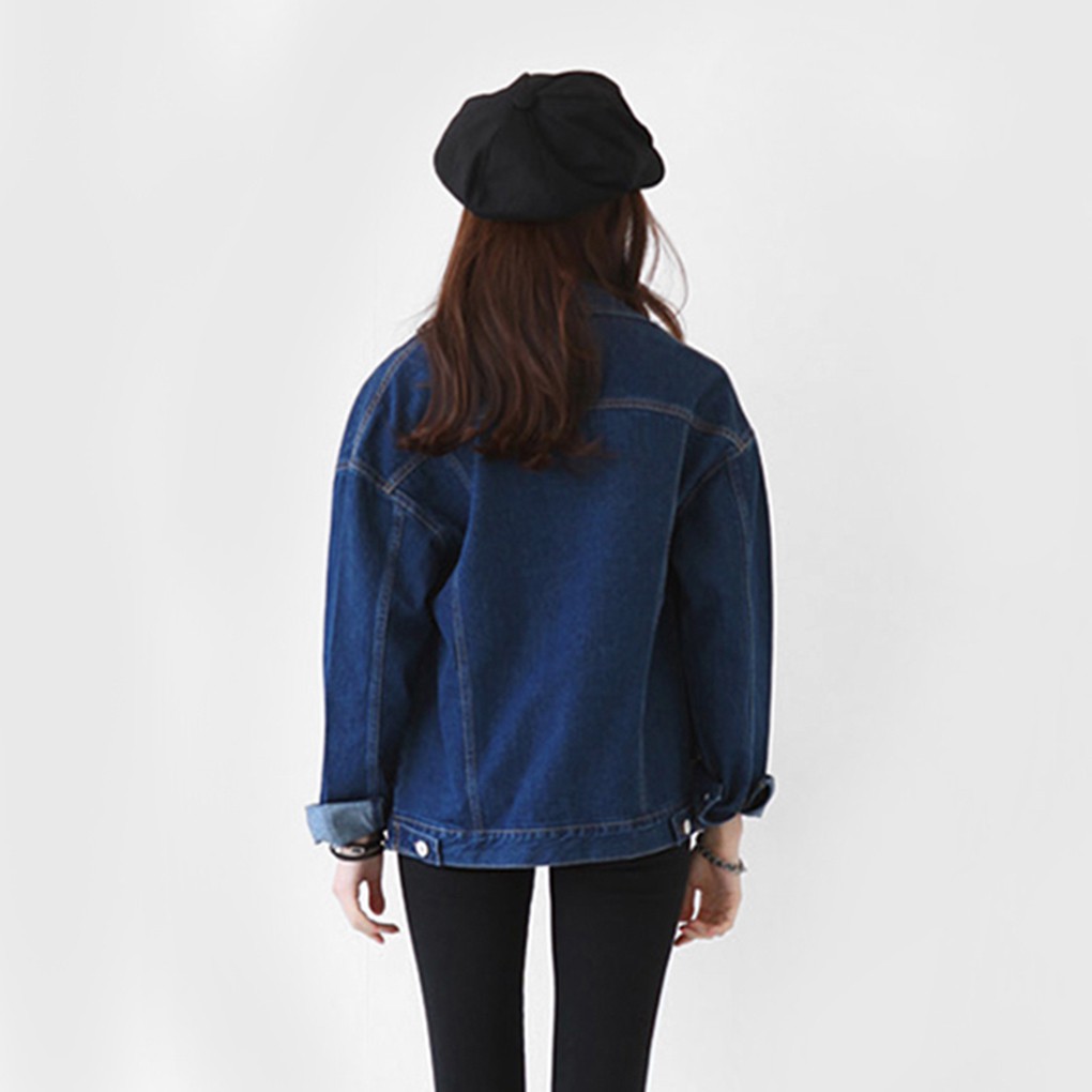 Áo khoác jean denim kiểu ngắn cổ bẻ dáng rộng phong cách thu đông màu trơn hợp thời trang cho Nữ