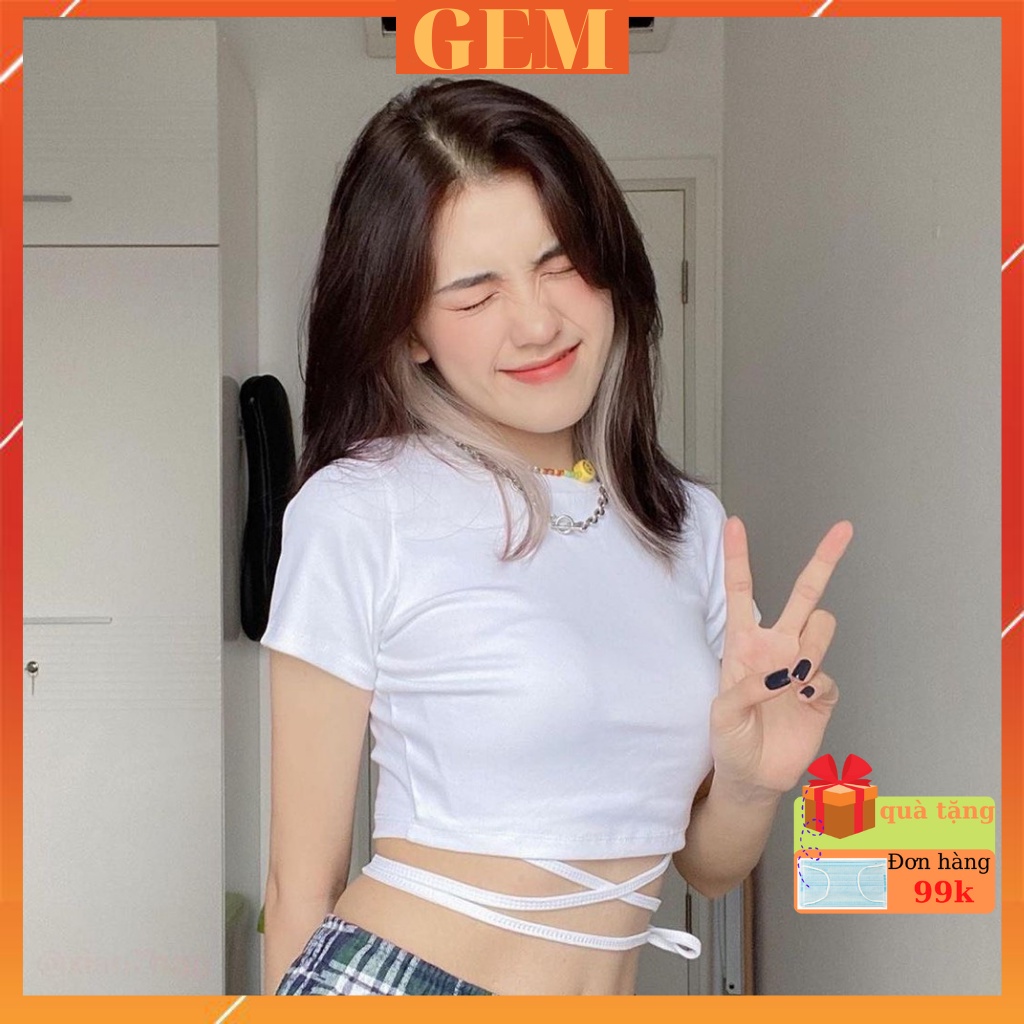 Áo croptop nữ kiểu tay ngắn quấn bụng , áo thun nữ cột eo sexy