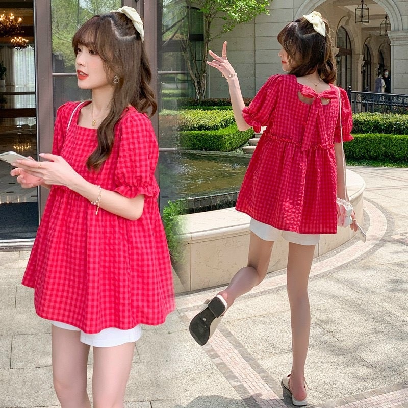 Áo bầu babydoll cho mẹ, mẫu kẻ hồng trẻ trung xinh xắn, cổ vuông, dây buộc nơ dễ thương