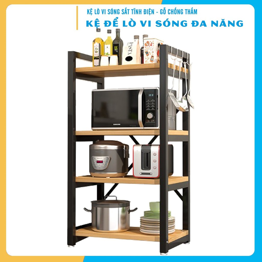 KỆ GỖ 4 TẦNG ĐỂ LÒ VI SÓNG VÀ LÒ NƯỚNG KỆ KHUNG SẮT PHỦ SƠN GIÁ GỖ ÉP TIẾT KIỆM KHÔNG GIAN BẾP.