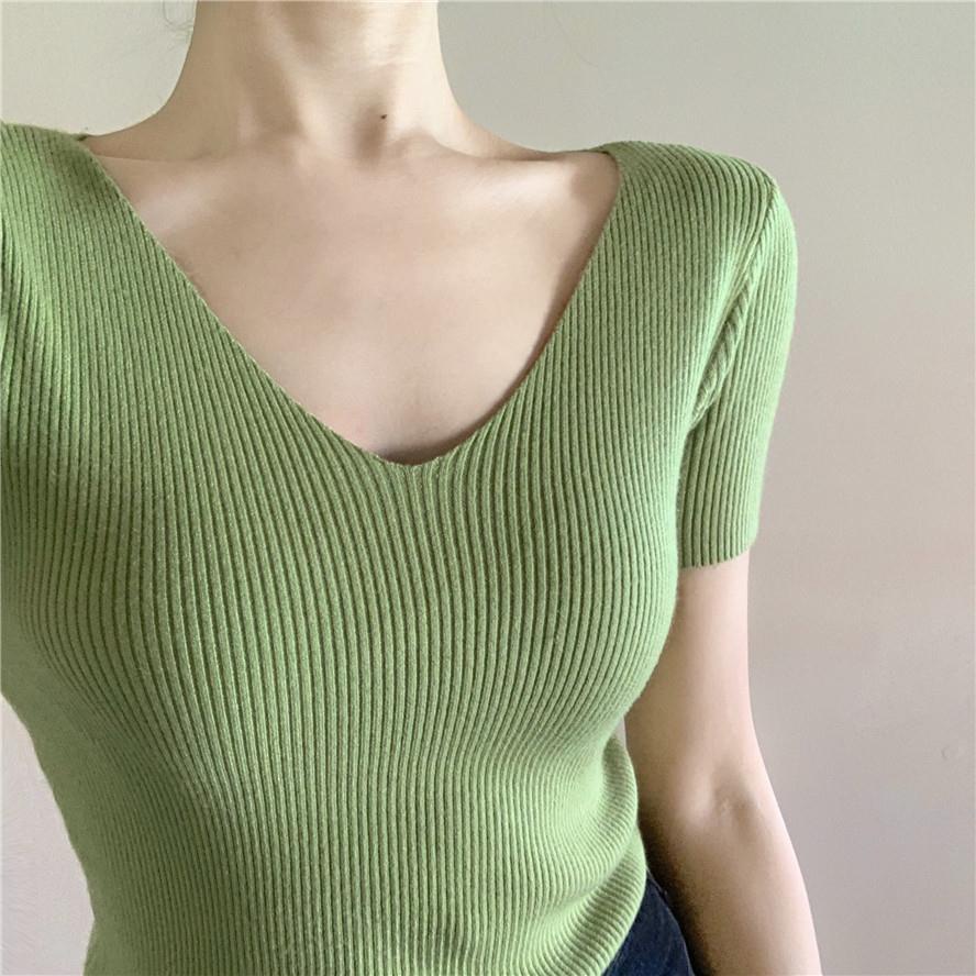 Áo Len Tay Ngắn Cổ Chữ V Thiết Kế Mới Thời Trang Mùa Hè Theo Phong Cách Hàn Quốc