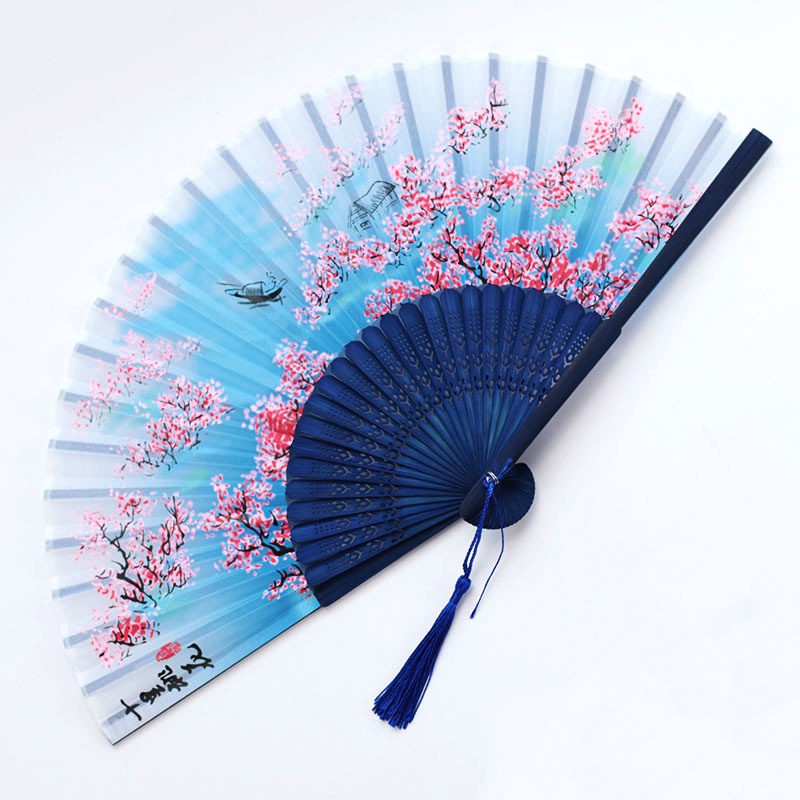 Quạt cổ trang dây tuyến xanh hoa trắng quạt xếp cầm tay phong cách Trung Quốc trang trí sáng tạo