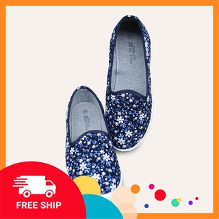 Giày slipon nữ EPL1912 hoa nhí trắng xnh Đông Ấn