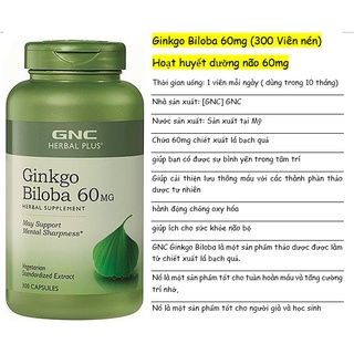 Viên uống bổ não gnc ginkgo biloba 60mg của mỹ hộp 300 viên