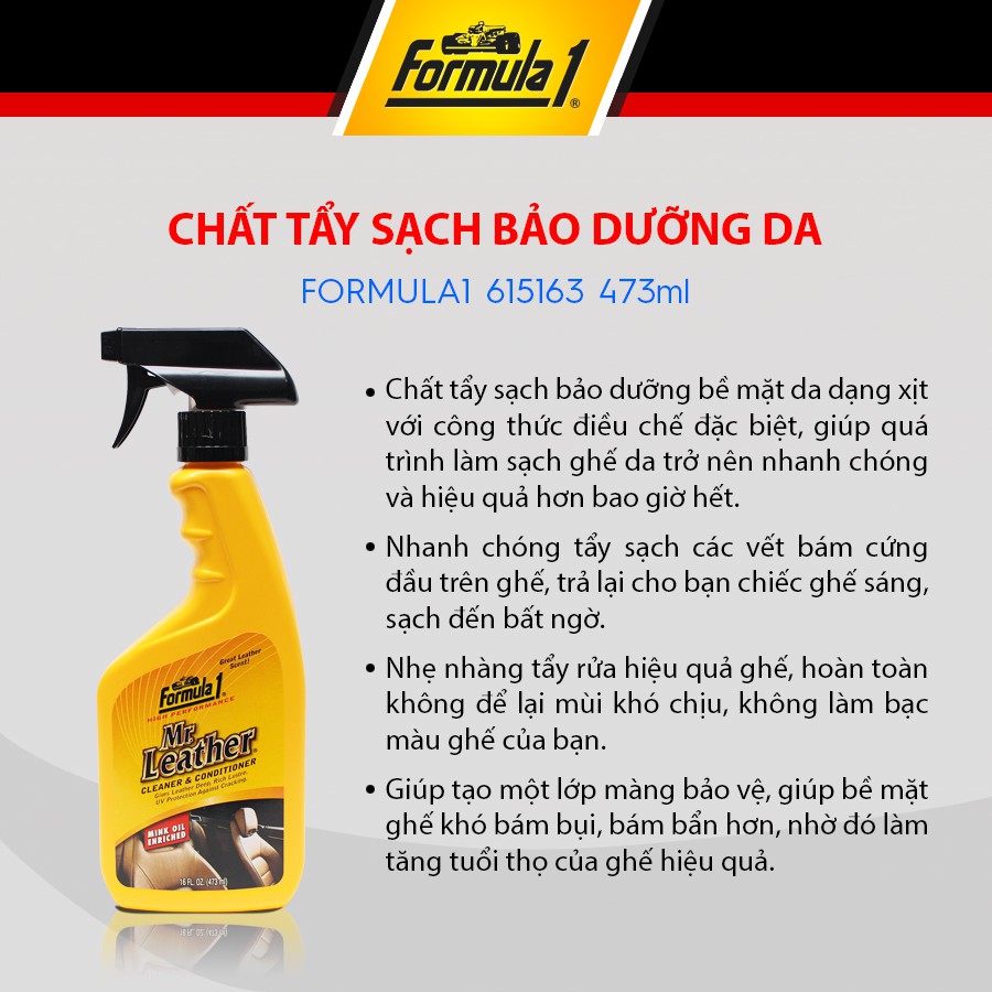 [Mã BMBAU50 giảm 10% đơn 99k] Chất Tẩy Sạch Bảo Dưỡng Bề Mặt Da Dạng Xịt FORMULA 1 615163 473ml Nhập Khẩu Chính Hãng