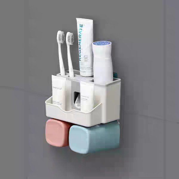Dụng cụ treo bàn chải kem đánh răng kèm 2 cốc hút chân không tự nhả kem đánh răng có thể để sữa rửa măt đồ trang điểm