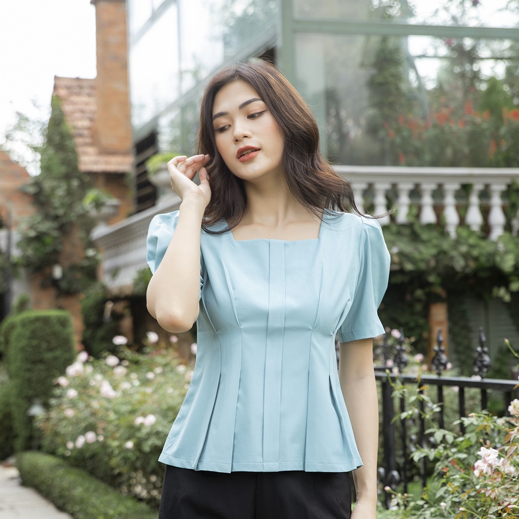 Áo kiểu nữ cổ vuông thời trang Eden xếp li eo - ASM169