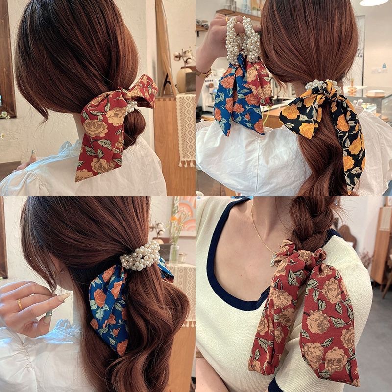 Ruy băng cột tóc đính hạt ngọc hình hoa nhiều mẫu, dây buộc tóc dành cho nữ phong cách Hàn Quốc