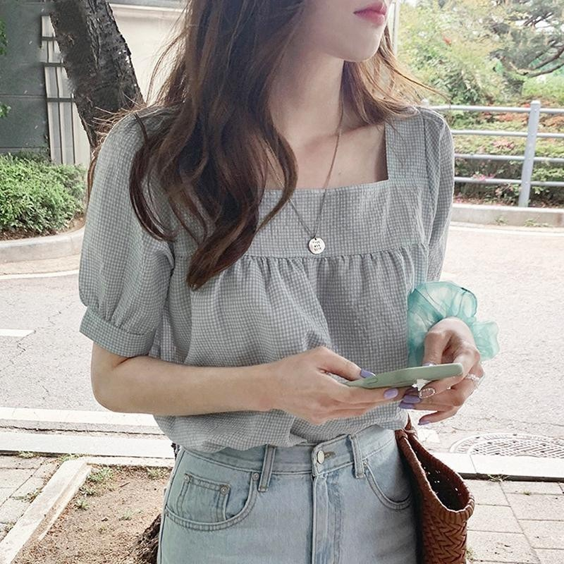 Áo sơ mi cổ vuông ngắn tay kẻ ca rô phong cách Nhật Bản Hàn Quốc ngọt ngào trẻ trung cho nữ | BigBuy360 - bigbuy360.vn