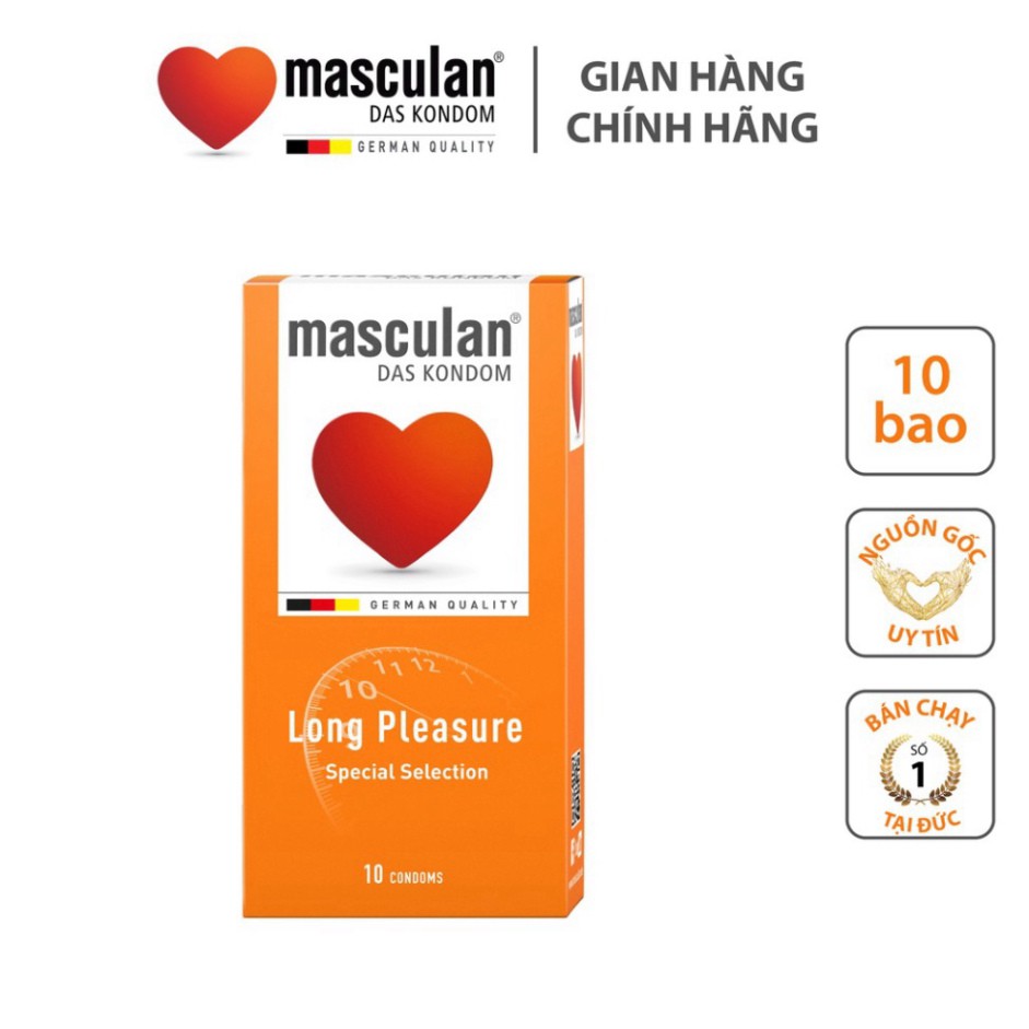 Hộp 10 Bao Cao Su Kéo Dài Thời Gian Masculan Extra Long Pleasure - Có Gân và Chấm Hạt Tăng Khoái Cảm