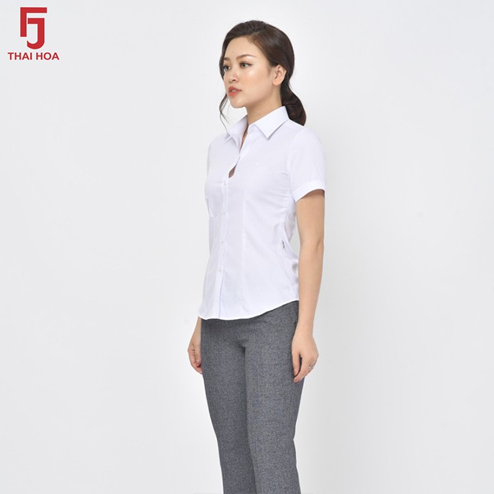 Áo Sơ Mi Nữ Trắng Thái Hòa, Kiểu Dáng Công Sở Đẹp, Cộc Ngắn Tay N8919-01-01
