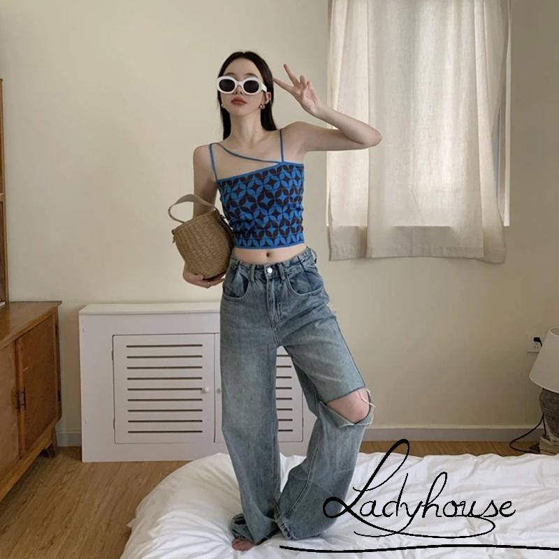 Ldd-áo Tank Top Dệt Kim Họa Tiết Hình Học Tương Phản Hai Dây Spaghetti Không Đối Xứng Cho Nữ