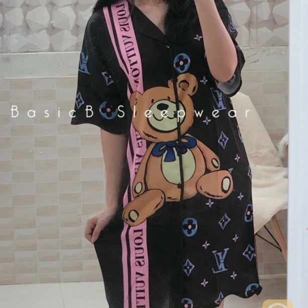 [BÁN XUYÊN TẾT]Đầm ngủ lụa mặc nhà gợn sóng form to dành cho chị em bigsize/mẹ bỉm sau sinh/bà bầu- họa tiết dễ thương