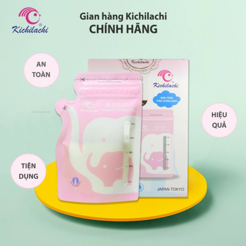 Hộp 30 Túi trữ sữa CẢM BIẾN NHIỆT KICHILACHI 150ml hình voi có vòi rót an toàn, tiện dụng cho bé