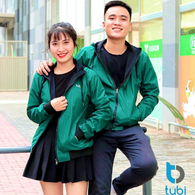 (Chống Nước) Áo khoác Tubi 2 Mặt Màu Xanh Lá Đậm Nón rời