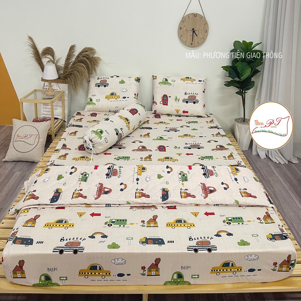 Bộ ga chống thấm cotton cho bé, drap chống thấm nước cao cấp kèm vỏ gối đầu và vỏ gối ôm mềm mịn mát (mẫu PT giao thông)