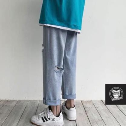 Quần jean baggy nam nữ ống rộng rách gối xanh nhạt 2020 | BigBuy360 - bigbuy360.vn