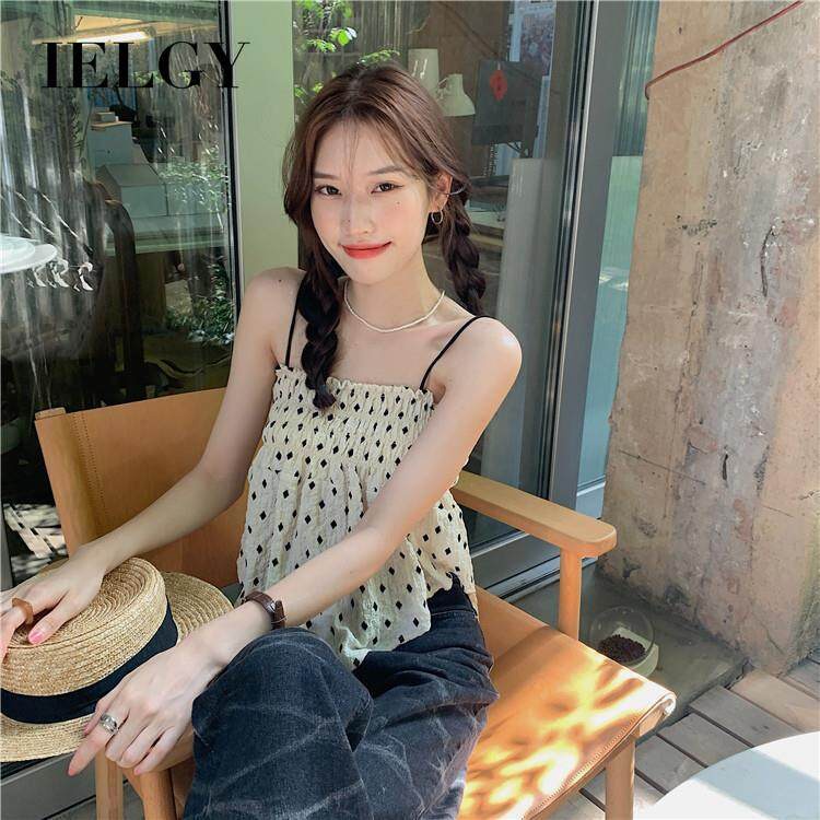 Áo hai dây IELGY họa tiết chấm bi phong cách Pháp ngọt ngào cho nữ
