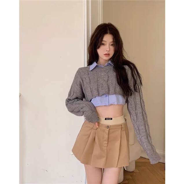 Set áo len croptop kèm sơmi Miu Miu giống Wonyoung IVE, Yoona SNSD