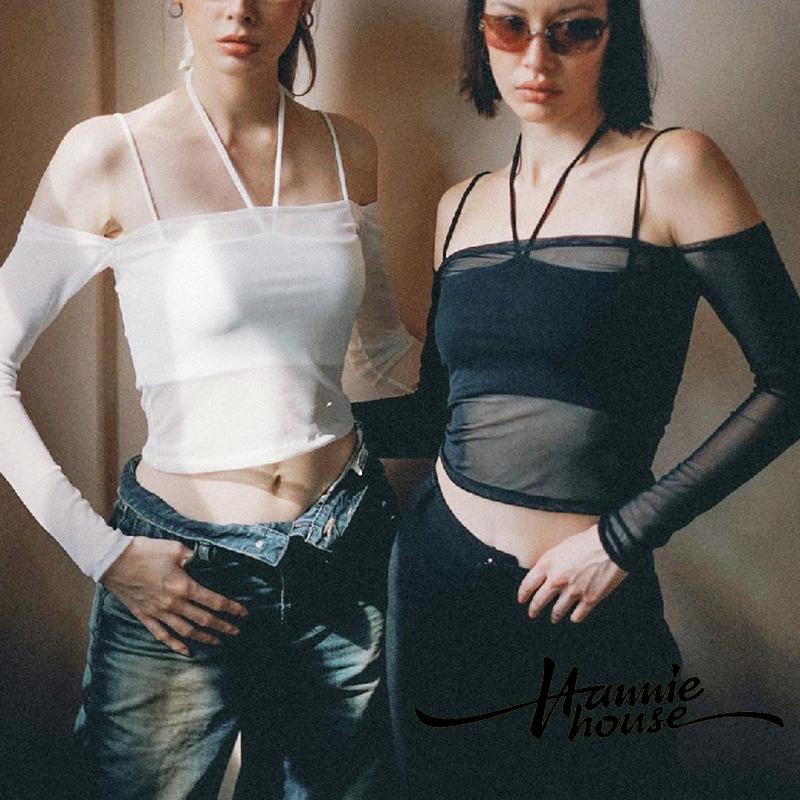 Set Áo Croptop Cổ Yếm + Áo Tay Dài Trễ Vai Thời Trang Cho Nữ