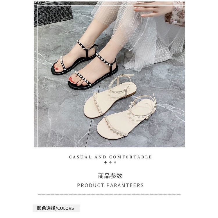 Giày sandal đế bệt hở ngón đính ngọc trai nhân tạo phong cách Hàn Quốc thời trang mùa hè 2021