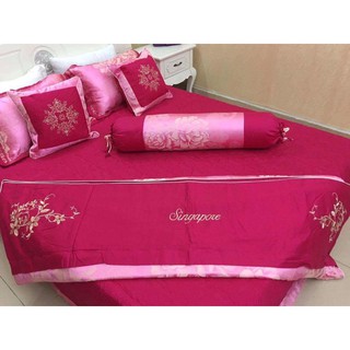 chăn ga gối cưới singapor đỏ thêu