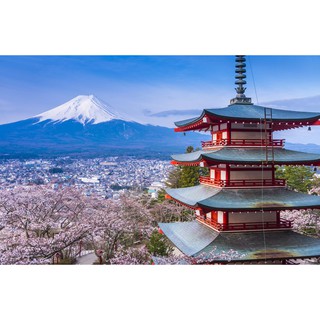 Tranh dán tường 3D phong cảnh nhật bản - núi phú sỹ- vải lụa kim sa - kích thước theo yêu cầu