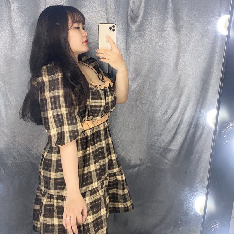 BIGSIZETIX Đầm caro tay bí siêu xinh 50-90kg hình mẫu thật 100%