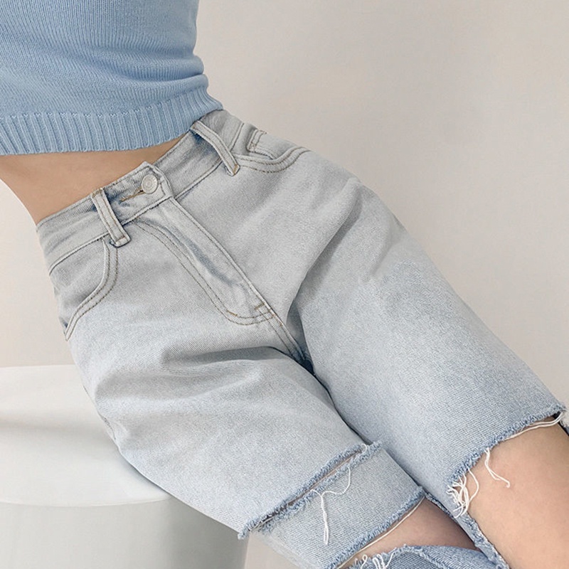 Quần jean dài lưng cao ống rộng phối rách màu gradient phong cách retro Âu Mỹ cá tính cho nữ