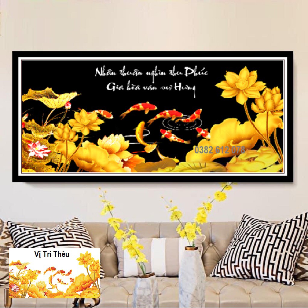 Tranh thêu chữ thập Cửu Ngư Quần Hội, Kích Thước 99x50cm - 125x59cm