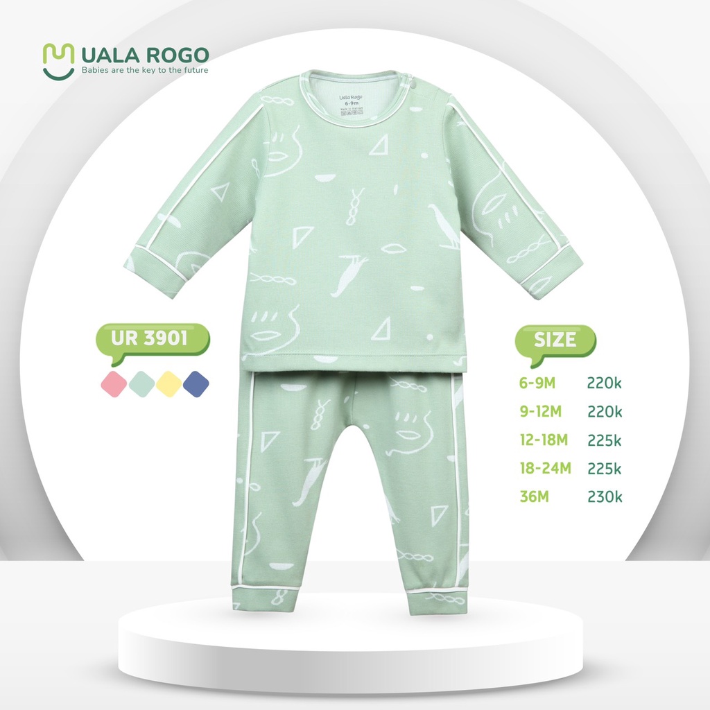 Bộ thu đông cho bé Uala rogo 6 tháng -3 tuổi cotton giữ ấm cổ tròn họa tiết dễ thương UR3901